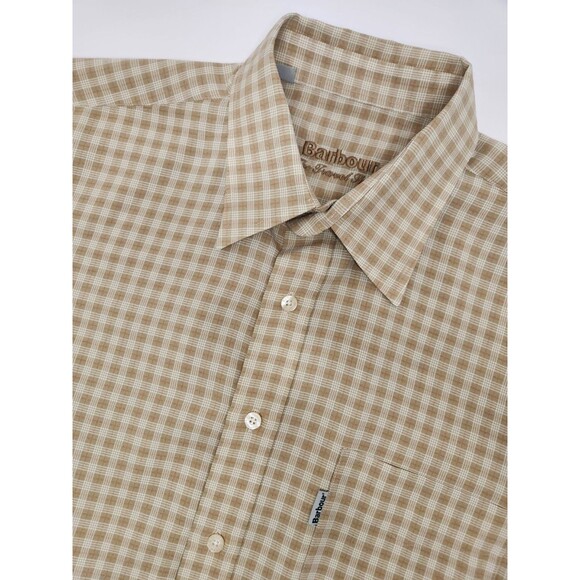 Barbour The Travel Shirt Men's M Beige Short Sleeve‎ Button Up Plaid - Picture 1 of 8